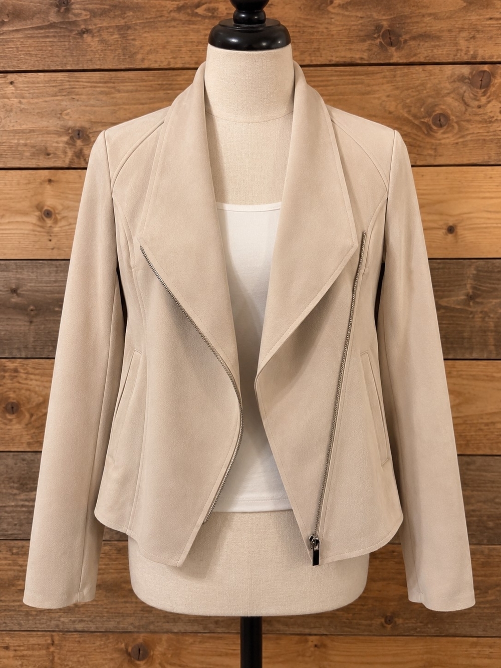 Tahari Light Cream Draped Moto Jacket